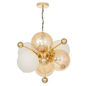 AFRODIS W6 lampa wisząca złota z kulistymi kloszami miodowymi i białymi 6xE27