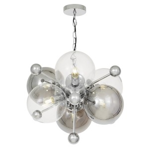 AFRODIS W6 lampa wisząca chrom z kulistymi kloszami przezroczystymi i w chromie 6xE27