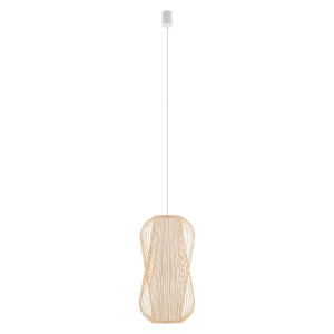 PUKET L asymetrycznie zapleciony bambus fi 30cm z białym cylindrycznym abażurem wewnątrz lampa wisząca boho wykończenie białe 1xE27