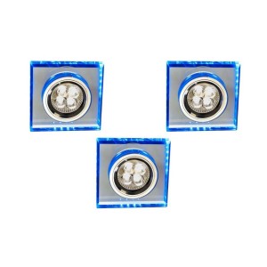 ZESTAW TRZECH OPRAW SS-22 CH/TR+BL GU10 50W+LED SMD 230V NIEBIESKI 2,1W CHROM OPR. STROP. STALA KWADRATOWA SZKLO TRANSPARENTNE