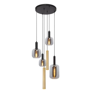 JOANET 45494/16/96 lampa wisząca czarna 4xE27 2xGU10 złote tuby i klosze szklane dymione fi 16/21/22cm różne klosze