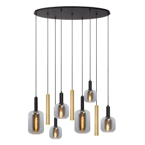 JOANET 45494/19/96 lampa wisząca czarna 6xE27 3xGU10 złote tuby i klosze szklane dymione fi 16/21/22cm różne klosze