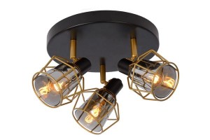 NILA lampa sufitowa czarna 3xE14 z dymionymi kloszami w złotych drucianych koszyczkach