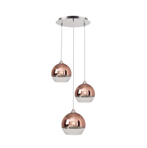 GLOBE lampa wisząca chrom potrójna klosze szkło kula miedziana 3xE27