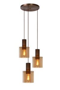 TOLEDO lampa wisząca miedziana na kole 3xE27 klosze walce szklane bursztynowe