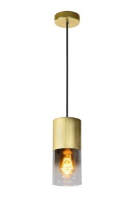 ZINO lampa wisząca złota z cylindrycznym kloszem z dymionego szkła fi 10cm wykończenie czarne 1xE27