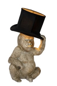 EXTRAVAGANZA GUST lampa stołowa 1xE14 siedząca złota małpka trzymająca czarny abażur w formie kapelusza cylindra
