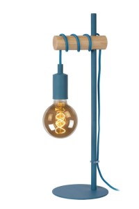 POLA lampa biurkowa niebieska z elementem drewnianym 1xE27