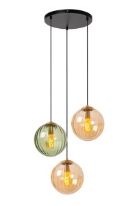 MONSARAZ lampa wisząca szklane kule amber i zielone fi 25cm 3xE27 wykończenie czarno-złote okrągła podsufitka lampa nad stolik kawowy