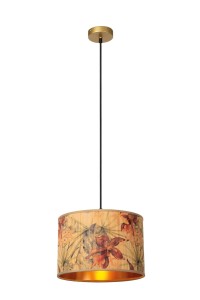 TANSELLE lampa wisząca abażur fi 30cm bambus z motywem kwiatowym roślinnym od wewnątrz złoty 1xE27