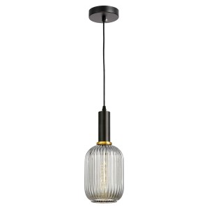 RICO lampa wisząca czarna szklana klosz prążkowany dymiony owalny 1xE27