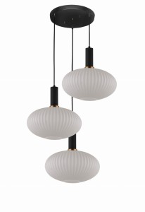 FLORI W3-RD lampa wisząca czarna szklana klosz prążkowany biały spłaszczona kula 3xE27