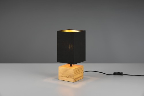 WOODY lampa stołowa podstawa drewniana kostka czarny abażur fi 12cm 1xE14