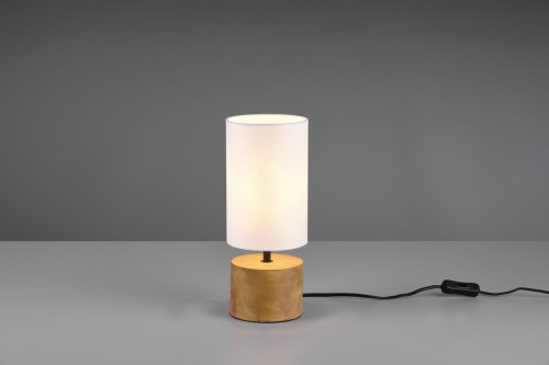 WOODY lampa stołowa podstawa drewniany walec biały abażur fi 12cm 1xE14