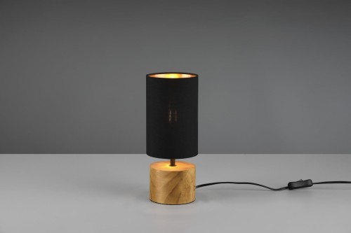WOODY lampa stołowa podstawa drewniany walec czarny abażur fi 12cm 1xE14