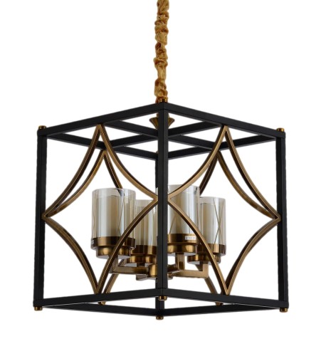 QUADRATO lampa czarno-mosiężna loft szklane klosze tuby 4xE27