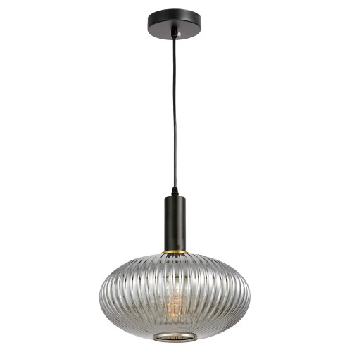  FLORI  lampa wisząca czarna szklana klosz prążkowany dymiony spłaszczona kula E27