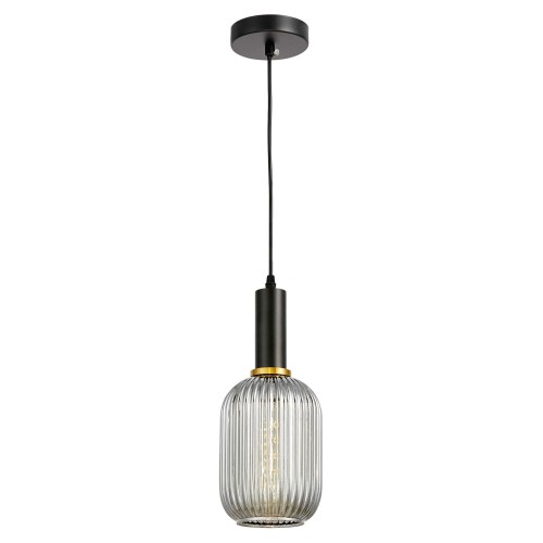 RICO lampa wisząca czarna szklana klosz prążkowany dymiony owalny 1xE27