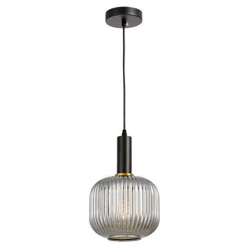 GATO  lampa wisząca czarna szklana klosz prążkowany dymiony 1xE27