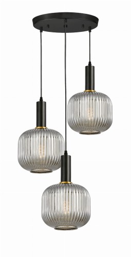 GATO W3-RD  lampa wisząca czarna szklana klosz prążkowany dymiony 3xE27