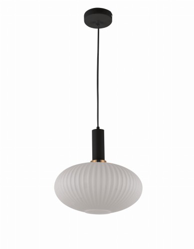 FLORI  lampa wisząca czarna szklana klosz prążkowany biały spłaszczona kula E27