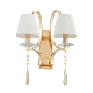 VENISIA W2 kinkiet klasyczny złoty z kryształowymi zawieszkami abażur kremowy 2xE14