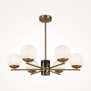 MARBLE żyrandol mosiądz i czarny marmur klosze kule białe 6xE27