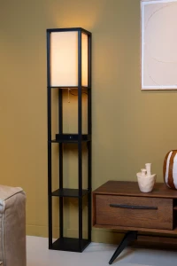 Menno lampa podłogowa z półkami czarna abażur krem 1xE27 z ładowarką USB i indukcyjną