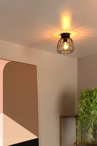 FILOX lampa sufitowa drewno klosz druciany czarny fi 20cm 1xE27