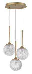 PASTO LE41741 Trójramienna lampa wisząca nowoczesna o kulistych kloszach z fakturowanego szkła w złotym mosiądzu