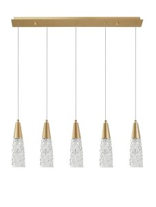 PENCO LE41745 Nowoczesna lampa wisząca pięć kloszy stożkowy kształt złoty mosiądz szkło