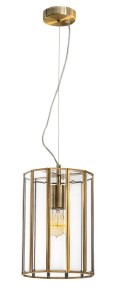 RUBIO LE41775 Nowoczesna lampa wisząca o cylindrycznym kształcie z metalową ramą i szklanymi panelami Elegancka lampa w kolorze antycznego mosiądzu
