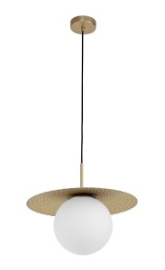 SALTO LE41780 Lampa wisząca nowoczesna złota z kloszem w kształcie talerza i mleczną kulą