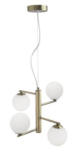 TALCA LE41790 Nowoczesna lampa wisząca z czterema kloszami kulistymi opalowe szkło mosiądz