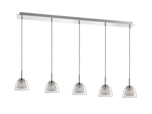 YOPAL LE41837 Nowoczesna lampa wisząca Pięciopunktowa z chromowanymi elementami i szklanymi kloszami o geometrycznym wzorze