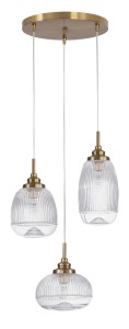 AHIGAL LE41853 Trójramienna lampa wisząca Nowoczesna złota lampa z żebrowanymi szklanymi kloszami