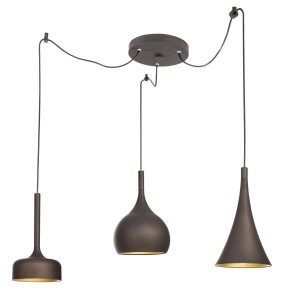 CUARTO LE41979 Trójramienna lampa wisząca nowoczesna z aluminiowymi kloszami w kształcie stożka i tulipana brązowo-złota