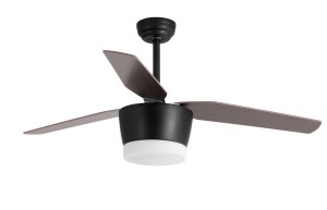 SEGUNDO LE42556 Nowoczesna lampa wisząca z wentylatorem o cylindrycznym kloszu i drewnianych łopatkach