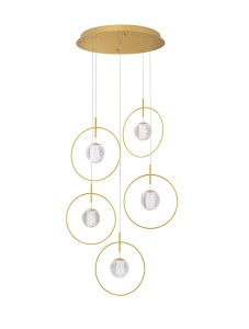 BACATA LE43201 Pięciopunktowa lampa wisząca LED złota z kloszami w kształcie kul w złotych obręczach Elegancka