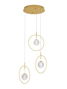 BACATA LE43202 Trójramienna lampa wisząca LED złota z kloszami w kształcie kul w złotych obręczach