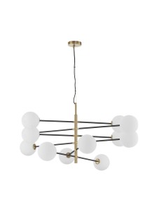 PLATO LE43689 Nowoczesna lampa wisząca z 12 kloszami kulistymi Elegancka lampa o złotym i czarnym wykończeniu