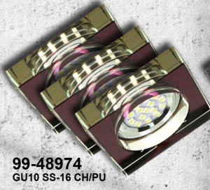 ZESTAW TRZECH OPRAW  SS-16 CH/PU 3X3W GU10 LED Z ŻARÓWKĄ  LED  CHROM OPR. STROP. STAŁA KWADRATOWA SZKŁO FIOLETOWE