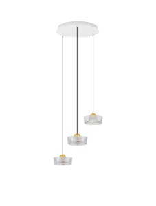 ESPINAR LE44498 Trzyramienna lampa wisząca LED o cylindrycznym kształcie z przezroczystym akrylowym kloszem i złotą oprawą Elegancka lampa do salonu