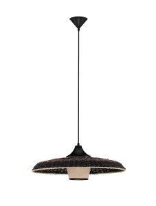 HUANUNI LE44574 Nowoczesna lampa wisząca z szerokim, płaskim abażurem z rattanu w odcieniach brązu i czerni