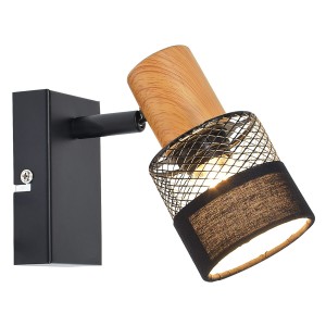 Coletta SPL-90110-1 czarny kinkiet z drewnem abażur metalowa siatka i tkanina 1xE14