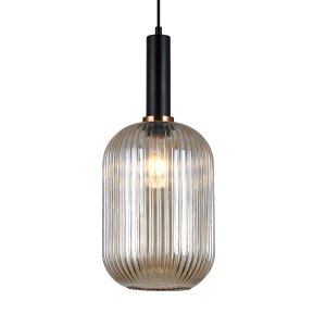 ANTIOLA lampa wisząca czarna klosz owalny szkło ryflowane amber 1xE27 PND-5588-1L-BK+AMB