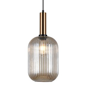 ANTIOLA lampa wisząca mosiądz klosz owalny szkło ryflowane amber 1xE27 PND-5588-1L-BRO+AMB