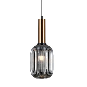 ANTIOLA lampa wisząca mosiądz klosz owalny szkło ryflowane dymione 1xE27 PND-5588-1M-BRO+SG