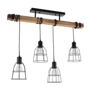 PONTE lampa sufitowa czarna z drewnem retro loft druciane abażurki  4xE27 PND-4290-4-L