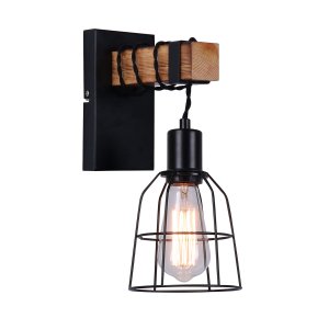 PONTE lampa ścienna druciana czarna z drewnem iloft retro 1xE27 WL-4290-1-L